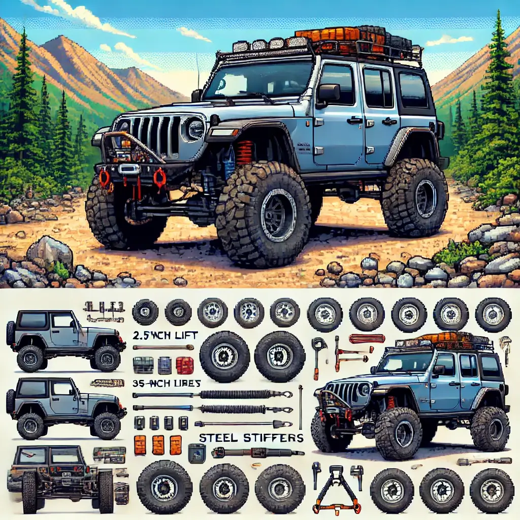 Pixel art of a JL Wrangler with lift, large tires, rock sliders, steel bumpers, and a winch on a rocky mountain trail. 7 Jeep Off-Road Modifications