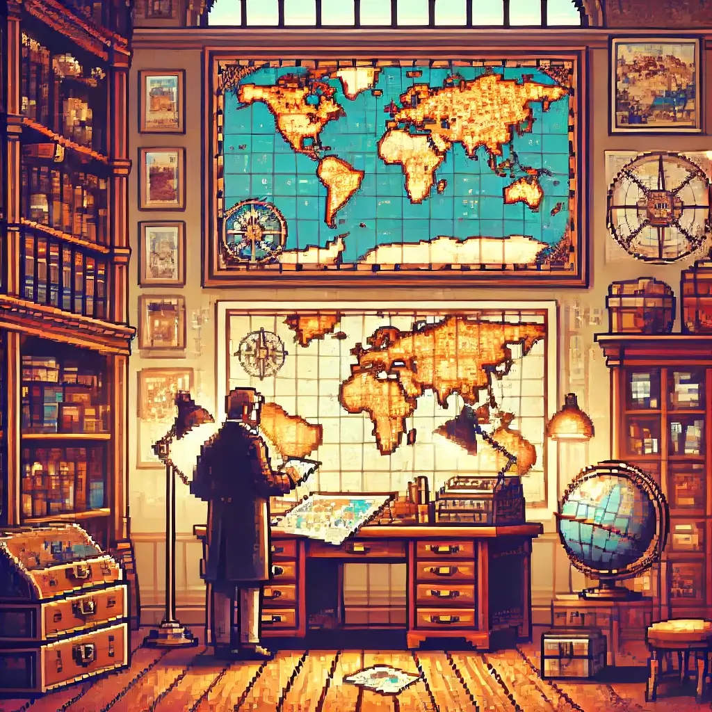 A cozy pixel art study room featuring a vintage desk and a collector examining a 17th-century historical map. Old globes, archival boxes, and a large antique wall map emphasize the theme of map collecting and cartography.