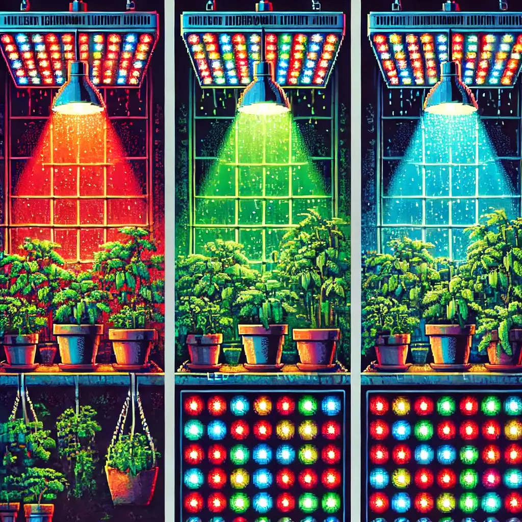 Pixel art of a vibrant indoor garden with potted plants under red and blue LED grow lights, leaves lush and healthy.