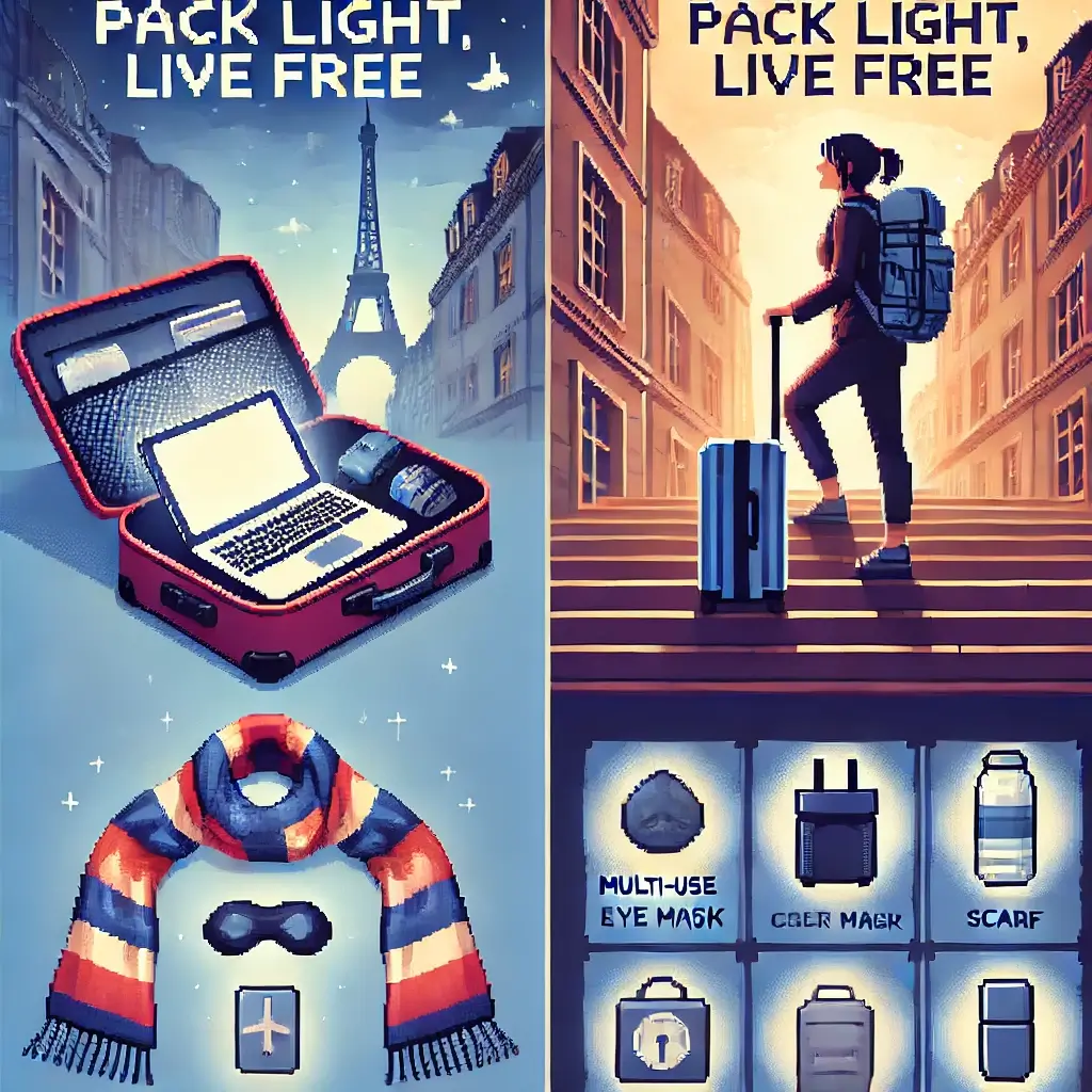 Pixel art of a glowing minimalist carry-on suitcase with essentials (laptop, eye mask, scarf, travel adapter) symbolizing freedom of travel and minimalist packing for digital nomads.