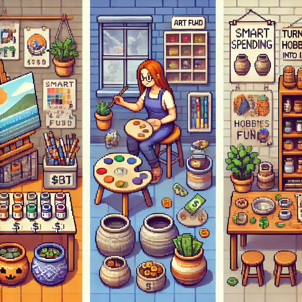 Pixel art of a happy artist painting in a cozy studio with neatly organized art supplies labeled with price tags, symbolizing smart budgeting. My Creative Hobbies