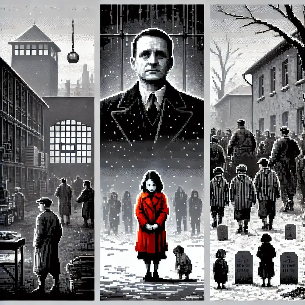 Pixel art of Oskar Schindler in a black-and-white factory scene with Jewish workers in the background, somber yet hinting at hope.