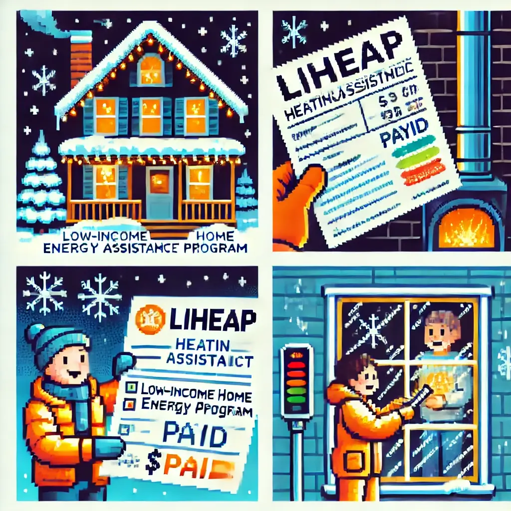 Pixel art of a warm, glowing house in snowy weather, symbolizing LIHEAP heating assistance and energy bill relief.