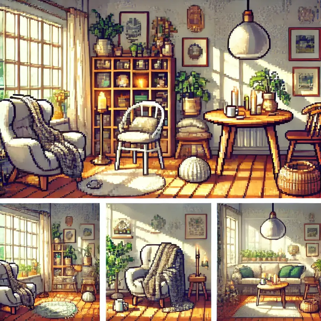 Pixel art of a cozy Scandinavian-style reading nook with a knit blanket, candlelight, and warm tones, representing Hygge.