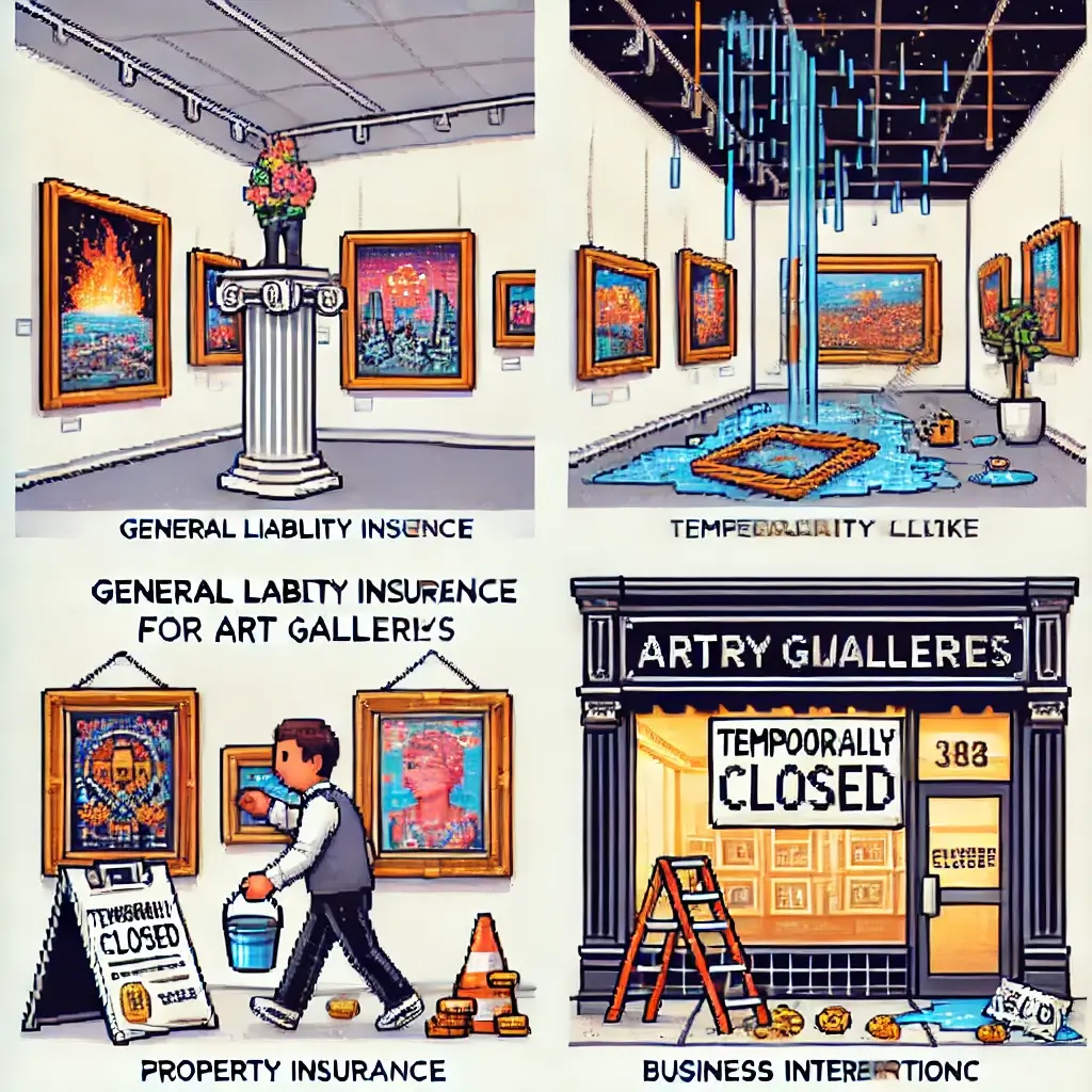 Pixel art of an art gallery interior where a guest trips over a cable near a pedestal, symbolizing gallery liability insurance quote and protection against accidents.