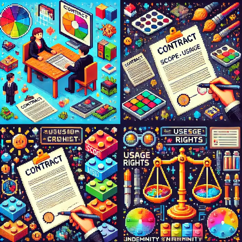 Pixel art of two people exchanging a commissioned art license agreement contract, with floating icons of scope, usage rights, and indemnity.
