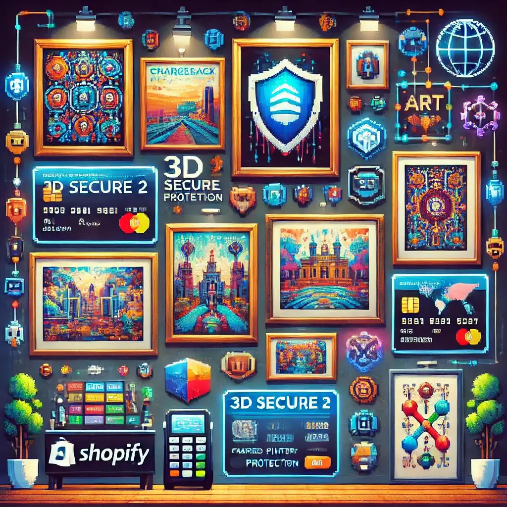 Pixel art of an art print ecommerce gallery with glowing shield symbol, representing Shopify 3D Secure 2, fraud filter, and chargebacks prevention.