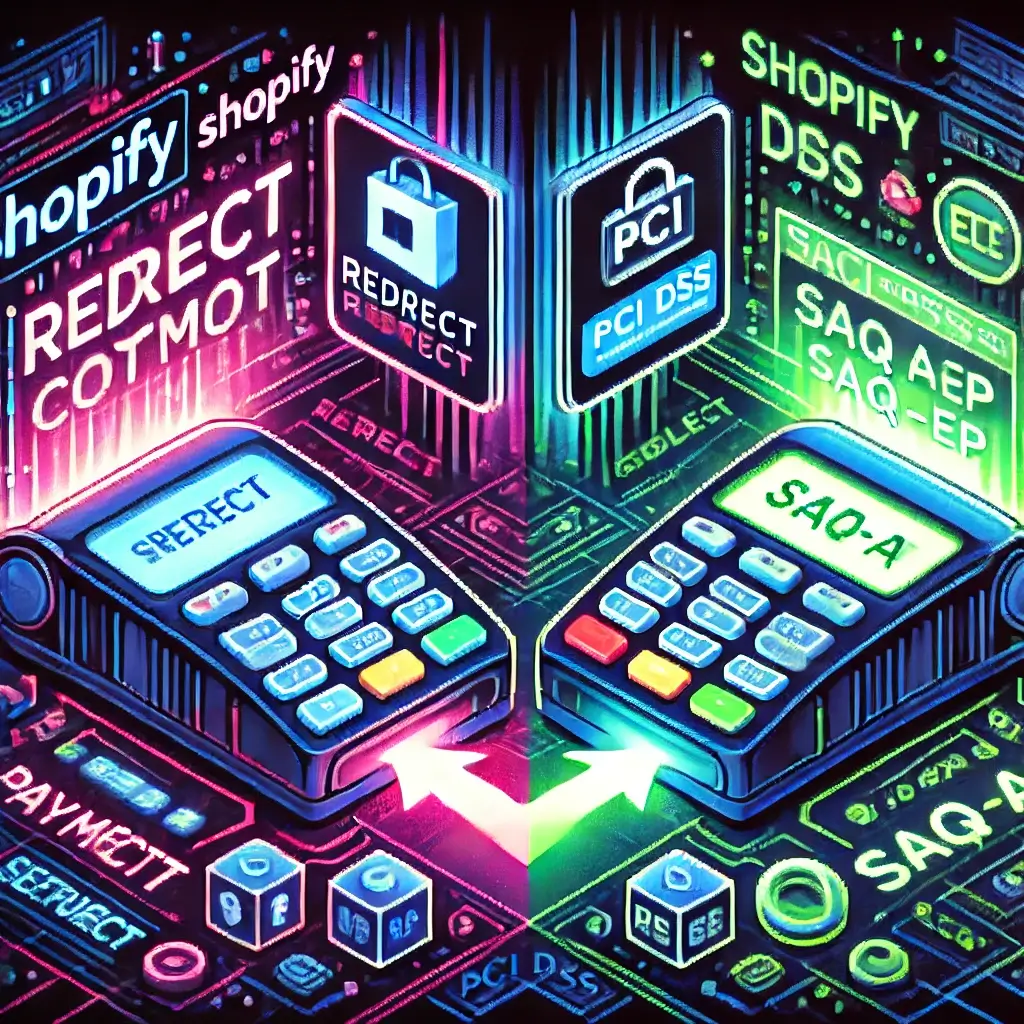 Pixel art of a Shopify art store checkout, showing PCI DSS SAQ A vs SAQ A-EP, glowing redirect button, embedded payment form, holographic scripts, and cyber-security shields.