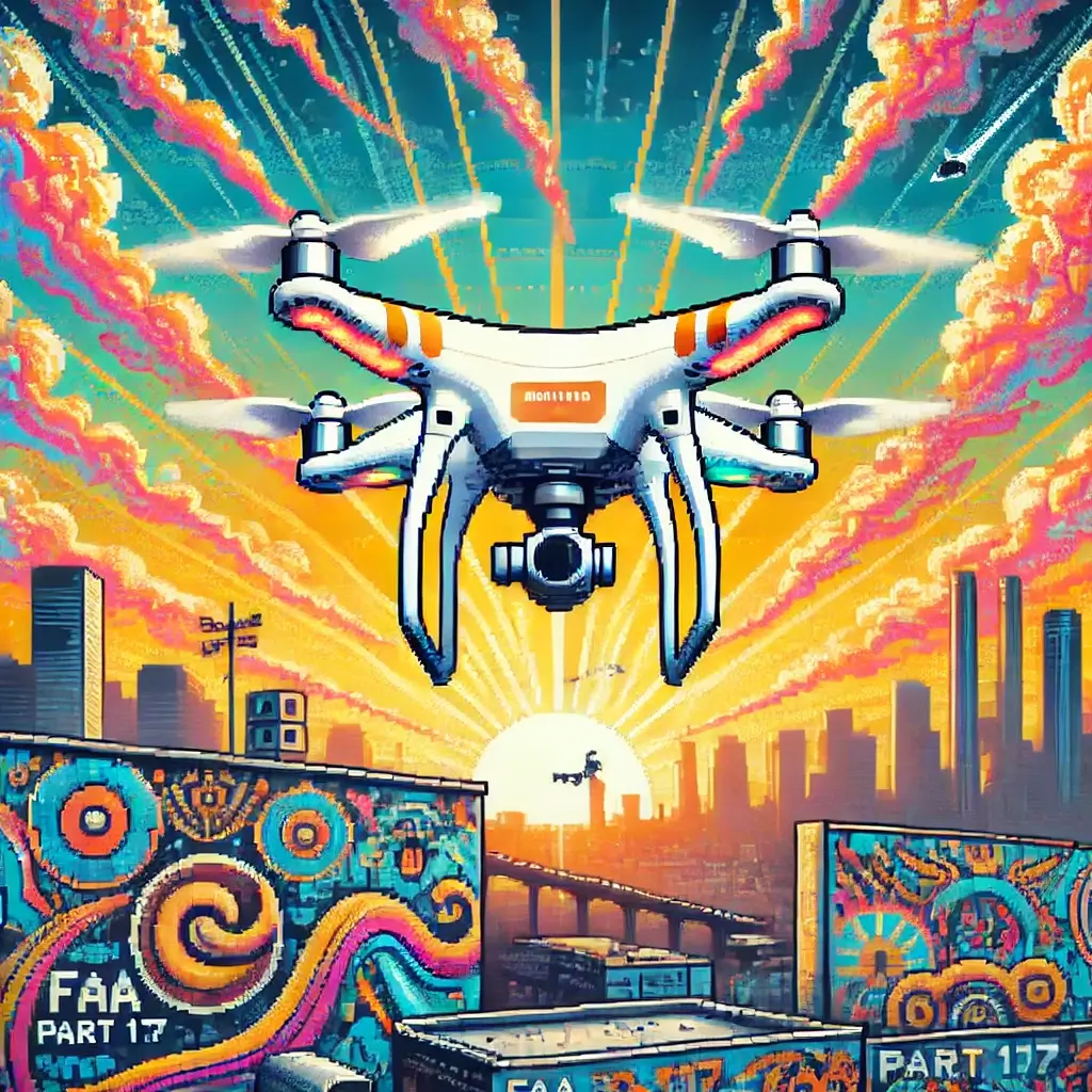 Pixel art drone photography for artists, a drone flying over a city mural at sunrise, symbolizing FAA Part 107 legal drone operations.