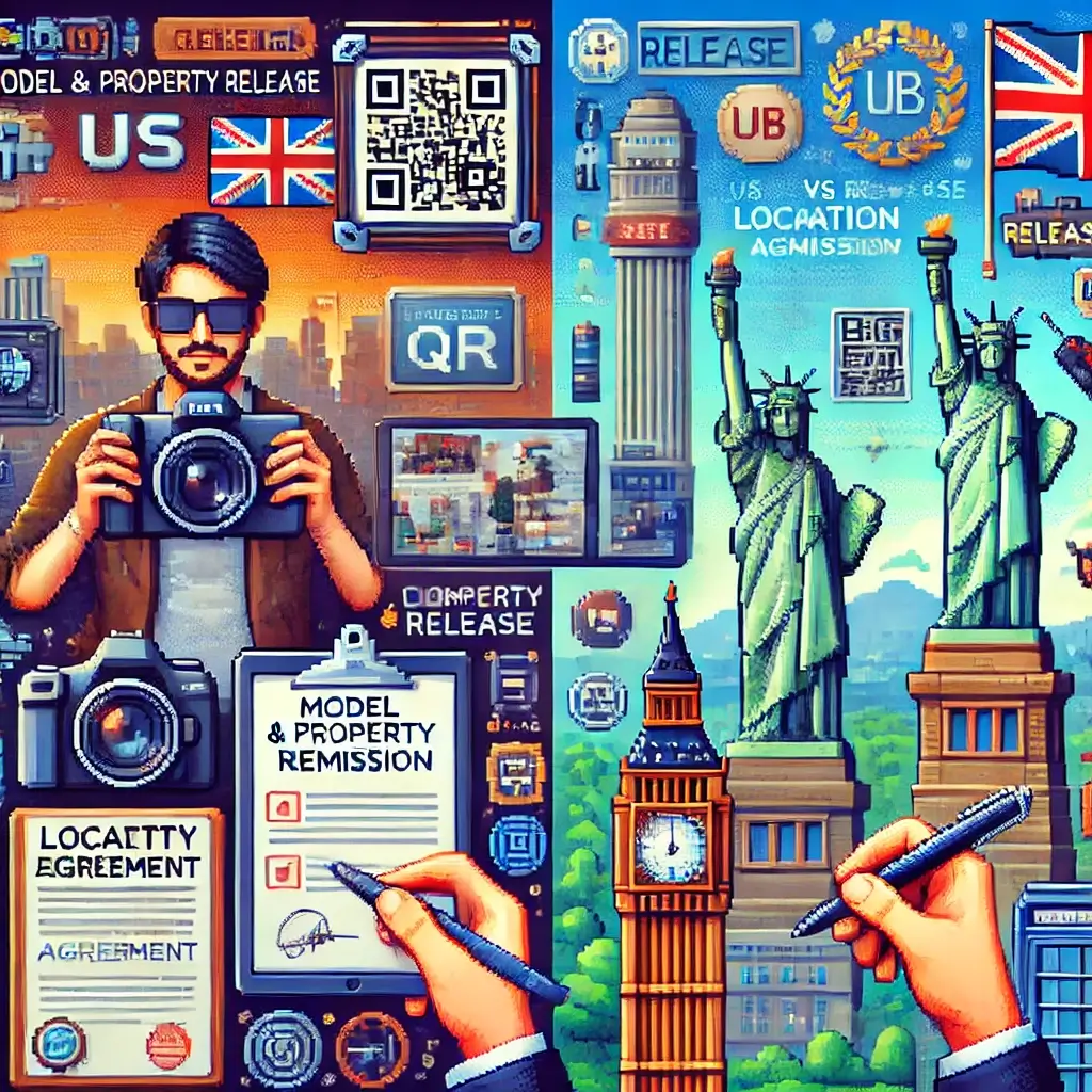 11 Field-Tested model and property release Moves That Keep You Legal (and Paid) Pixel art of a commercial shoot in a modern interior with property owner, contracts, and floating release icons, symbolizing property release, right of publicity, and editorial vs commercial use.